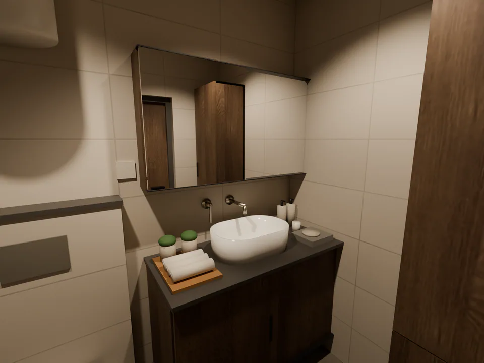 Concept design render of a bathroom vanity: an oval basin on a dark stone top, a wall mixer, a mirror cabinet and rolled towels