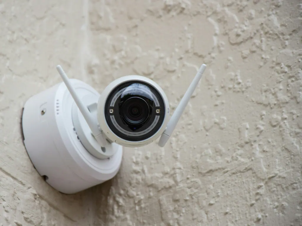 A white security camera mounted on a warm textured wall