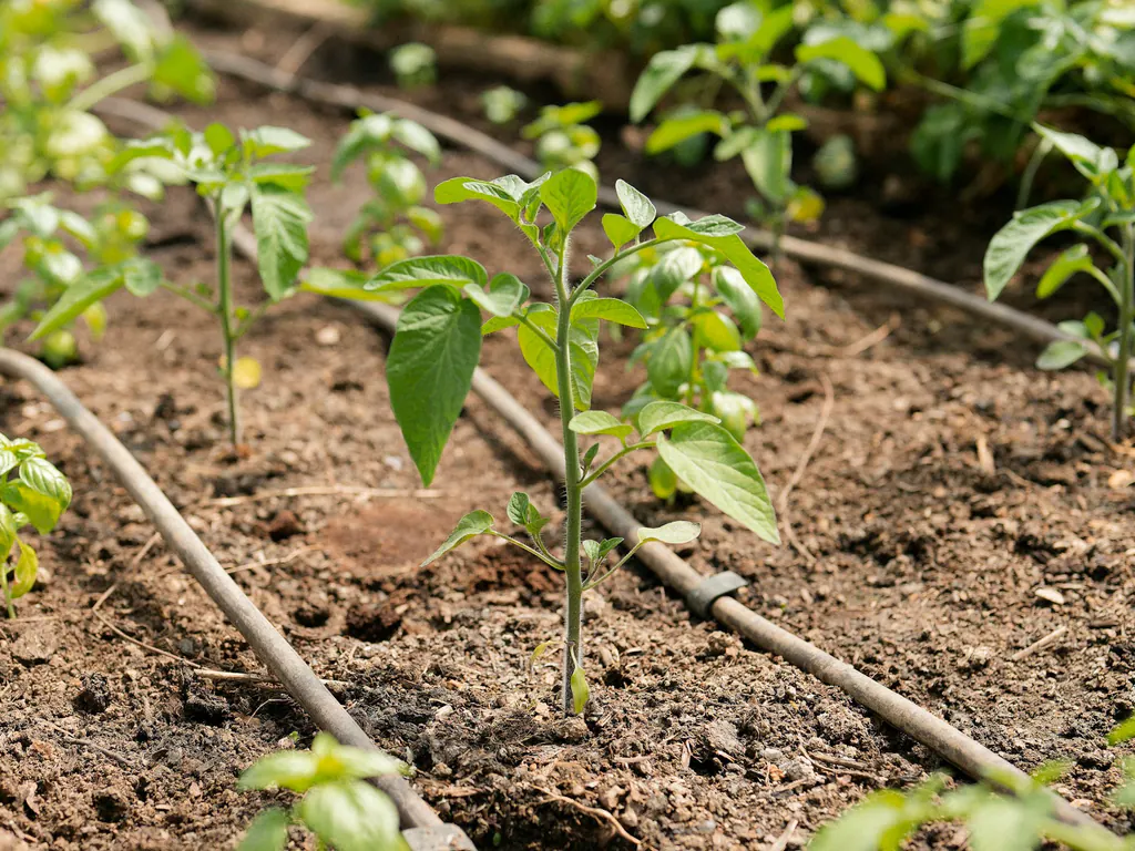A drip line running through a raised bed of young plants