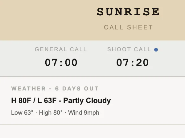 Header of a Grace call sheet: the production name, a general call of 07:00, a shoot call of 07:20 and the weather