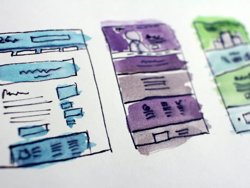 Watercolour sketches of three web page layouts on paper