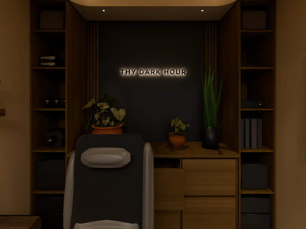 Concept render of an office back wall: open shelves either side of a dark panel with a halo-lit sign, drawers below, a chair in front.