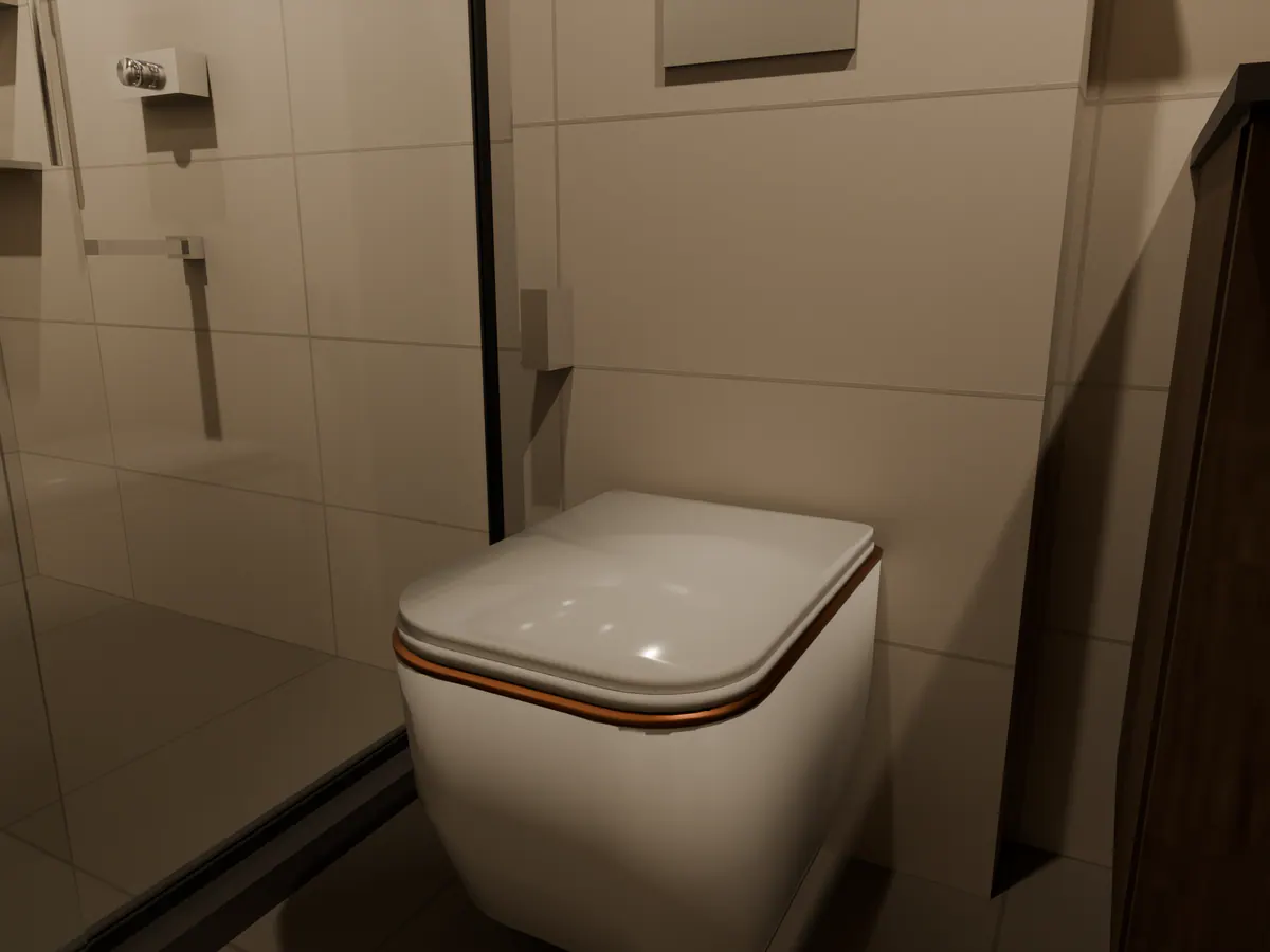 Close view of a wall-hung WC with a thin rose-gold line, next to the shower glass.