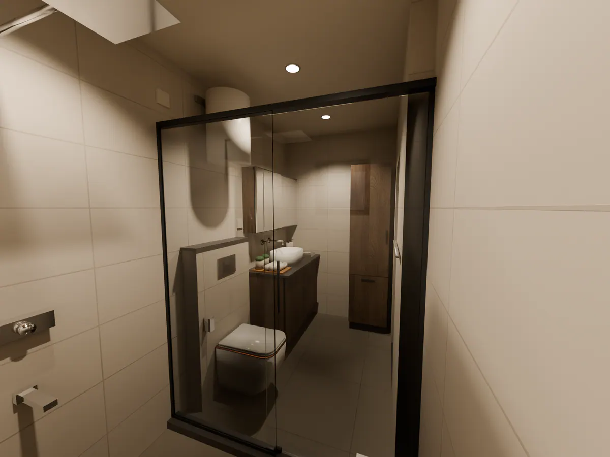 Concept render of a bathroom from the window: sliding glass shower in front, vanity and tall cabinet beyond.
