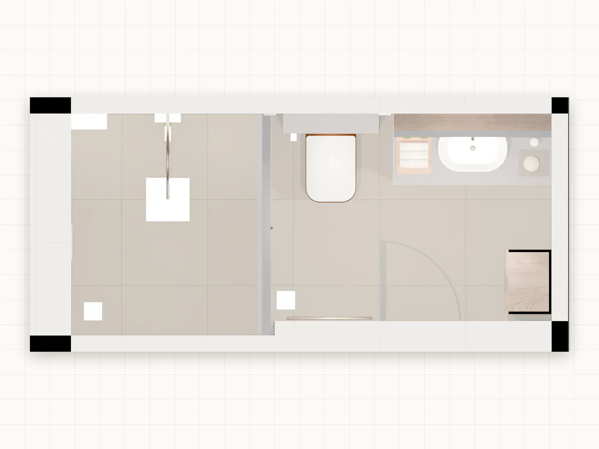 Top-down plan render of a compact bathroom: a walk-in shower, a wall-hung WC, a basin counter and the swing of the door