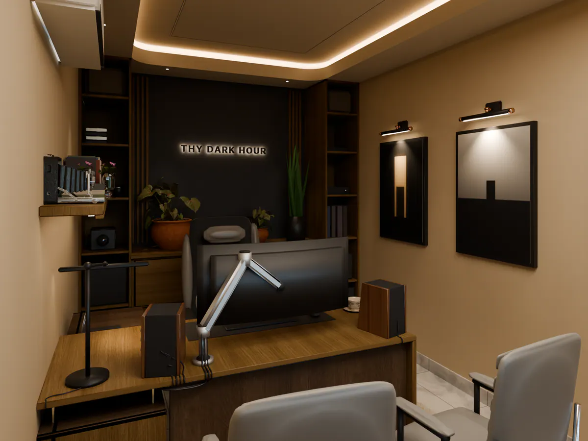 Concept render of a small office from the corner: lit cove, shelving wall with a sign, two framed prints under picture lights, visitor chairs.